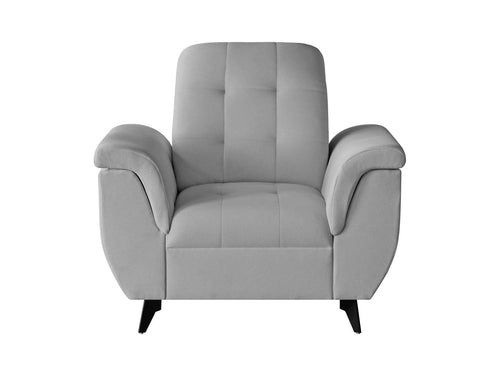 Doria Velvet Armchair in Portland Ash velvet with button tufting and slim metal legs