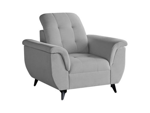 Doria Velvet Armchair in Portland Ash with button tufting and slim metal legs