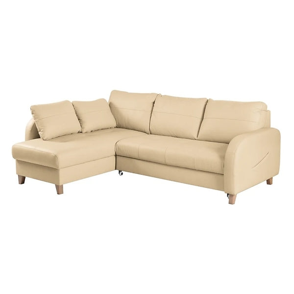 Pacto left-hand corner sofa bed with storage, faux leather upholstery, dolphin folding mechanism, and decorative stitching