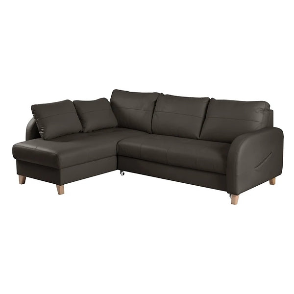 Pacto left-hand corner sofa bed with storage, faux leather upholstery, wooden legs, and decorative stitching