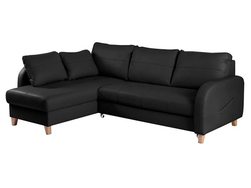 Pacto Left-Hand Corner Sofa Bed with storage, faux leather upholstery, and dolphin folding mechanism for easy conversion and bedding storage.