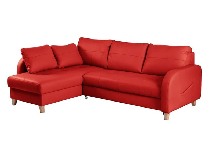 Pacto left-hand corner sofa bed with storage, faux leather upholstery, wooden legs, and decorative stitching