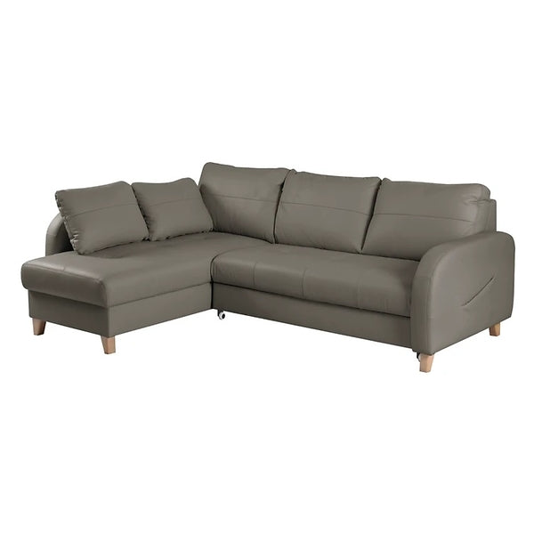 Pacto left-hand corner sofa bed with storage and dolphin folding mechanism in faux leather upholstery